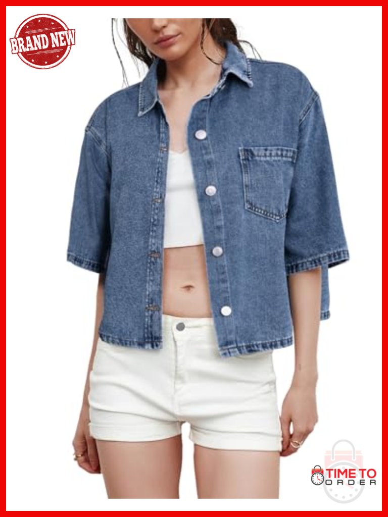 Women Summer Denim Button Down Short Sleeve Shirt Casual Lightweight Jean Top